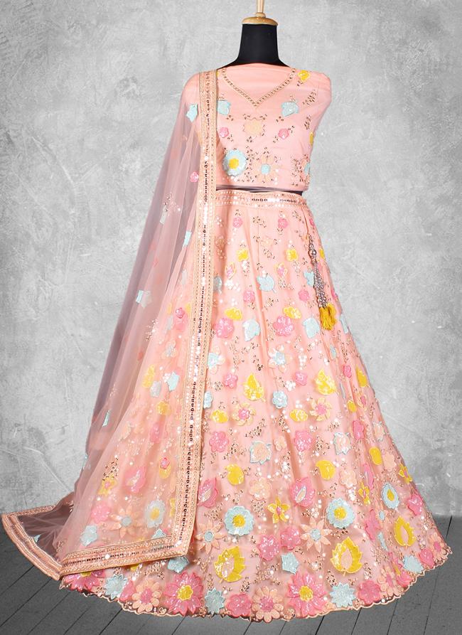 Net Peach Wedding Wear Sequins Work Lehenga Choli